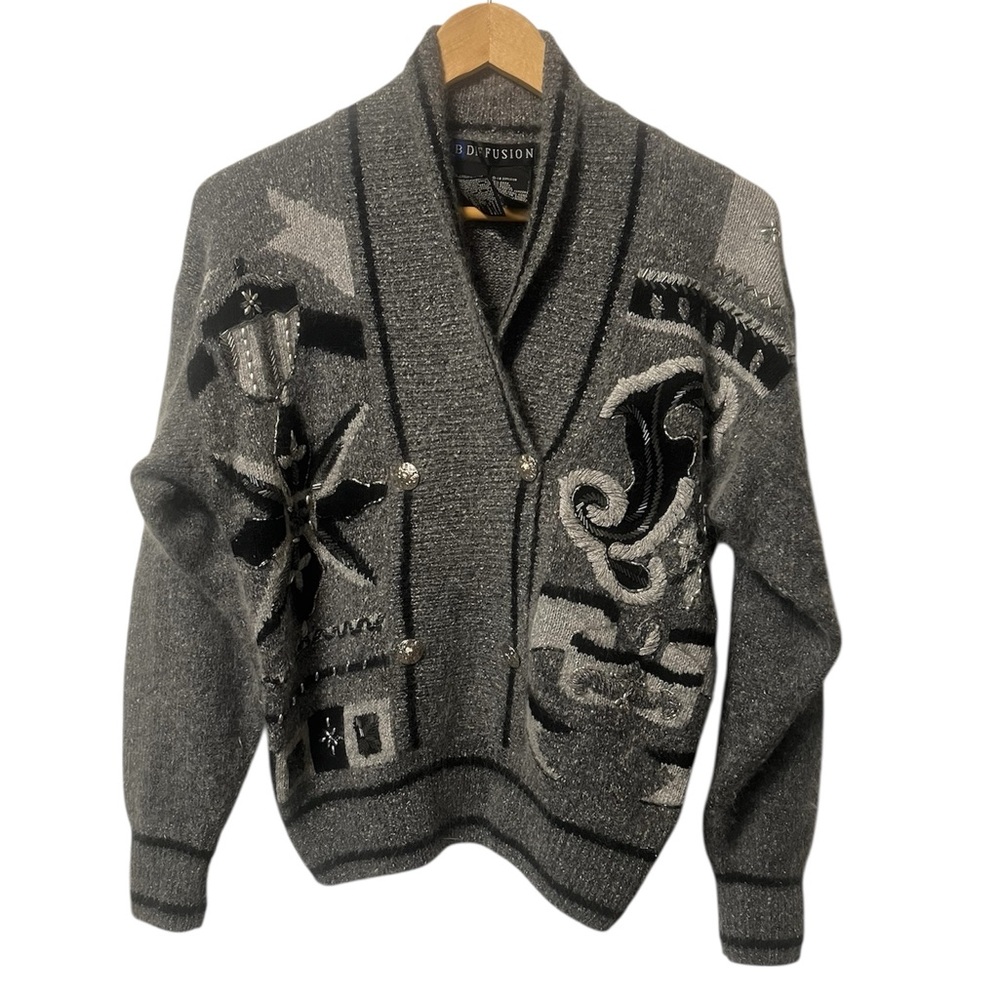 Vintage IBDiffusion Beaded Angora Lambswool Art to Wear cozy cardigan sweater XS